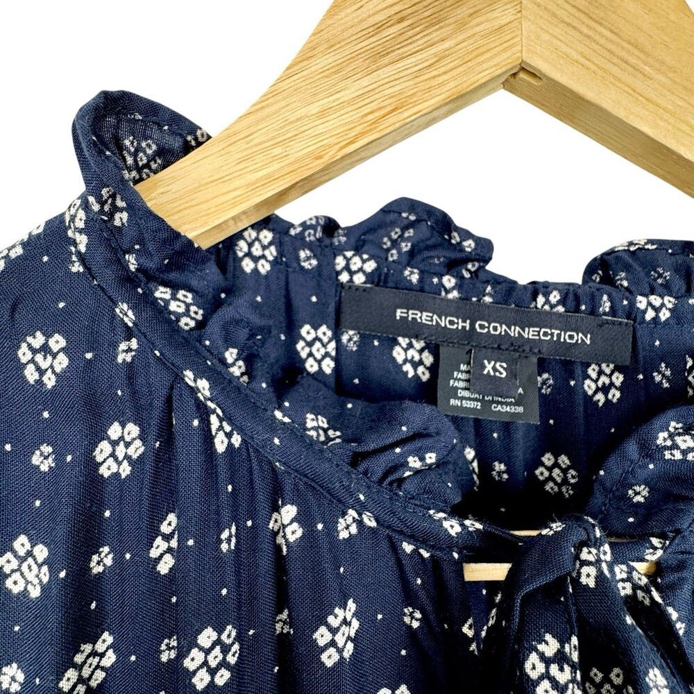 French Connection Dress XS Navy Floral High Neck Keyhole Peasant Boho Cottage - Picture 6 of 16